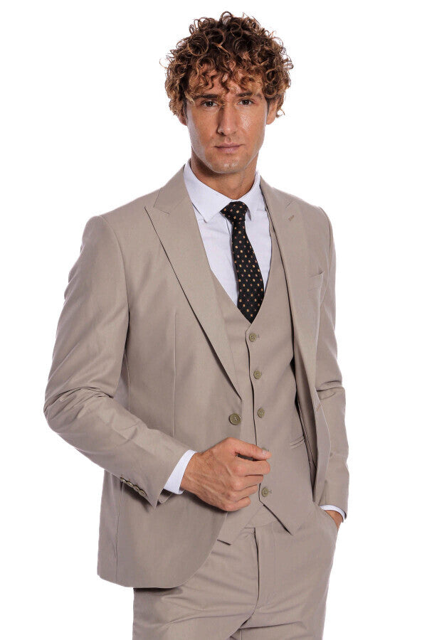 EJ Men's 1920s Fashion Suit Tan Peak Lapel Low Cut Vest M2770